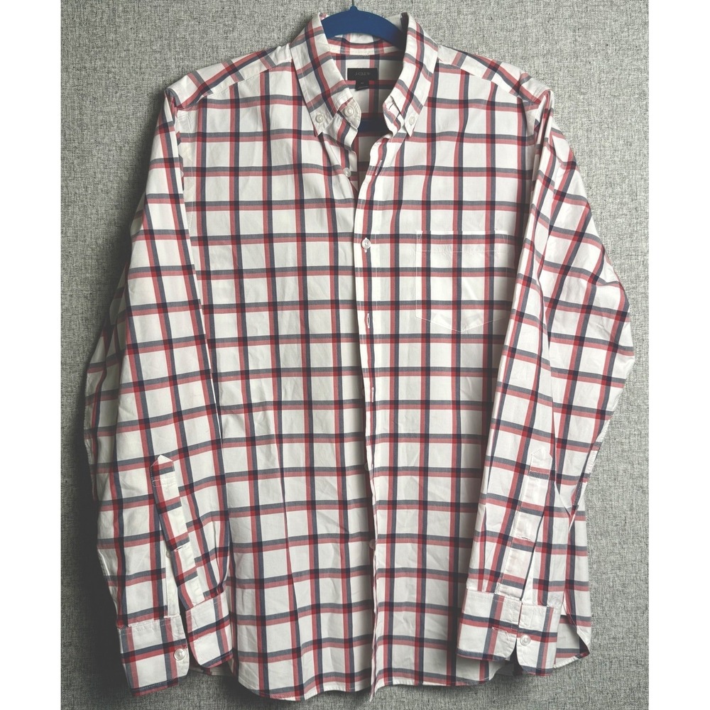 J. Crew Mens Shirt Red White Blue Button Down Long Sleeve Slim Fit‎ Check MEDIUM